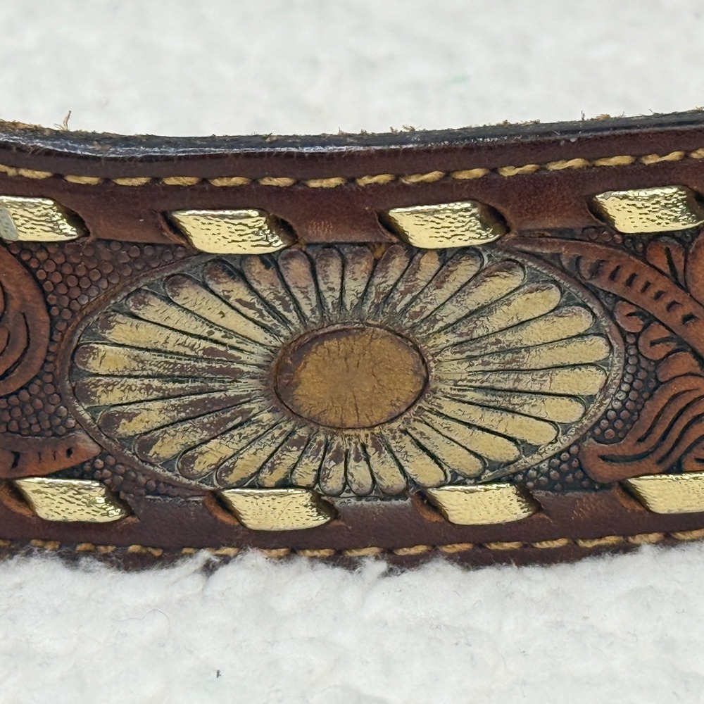 Vintage Hand Tooled Leather Belt Brown Southwestern Sunburst KING Ranch Wear M L - Picture 8 of 13